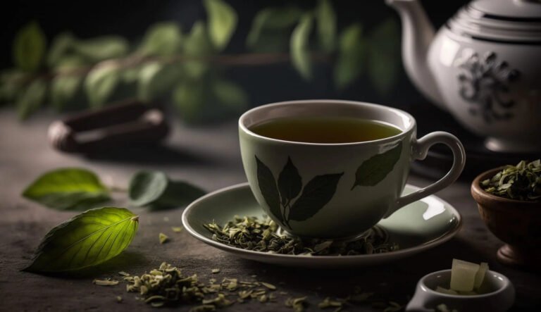 a cup of tea in a black background with leaves around