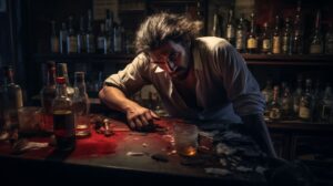alcohol intoxicated person in a bar leaning to a table with empty alcohol bottles