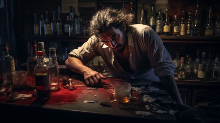 alcohol intoxicated person in a bar leaning to a table with empty alcohol bottles