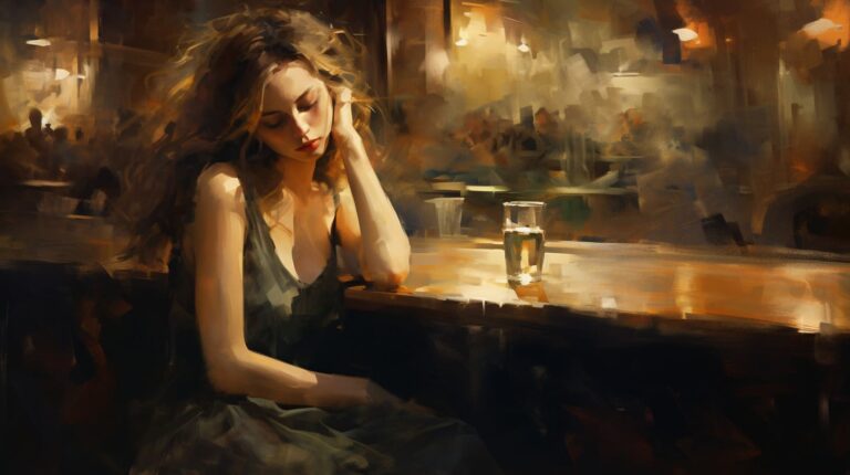 an oil painting of a woman sitting at a bar feeling intoxicated