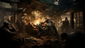 bunch of men fighting in a bar