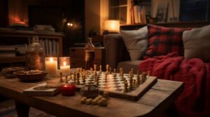 living room with drinks and board games